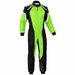 Front view of a lime green karting suit with black side panels for go-kart racing.