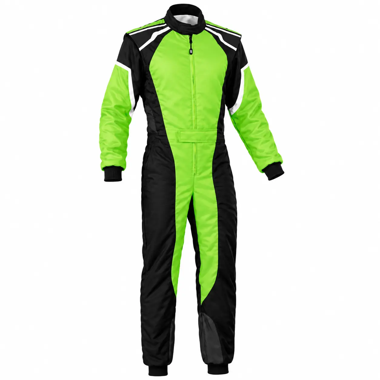 Front view of a lime green karting suit with black side panels for go-kart racing.