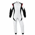 Front view of an Alpine white karting suit with black sleeves and red shoulder accents.