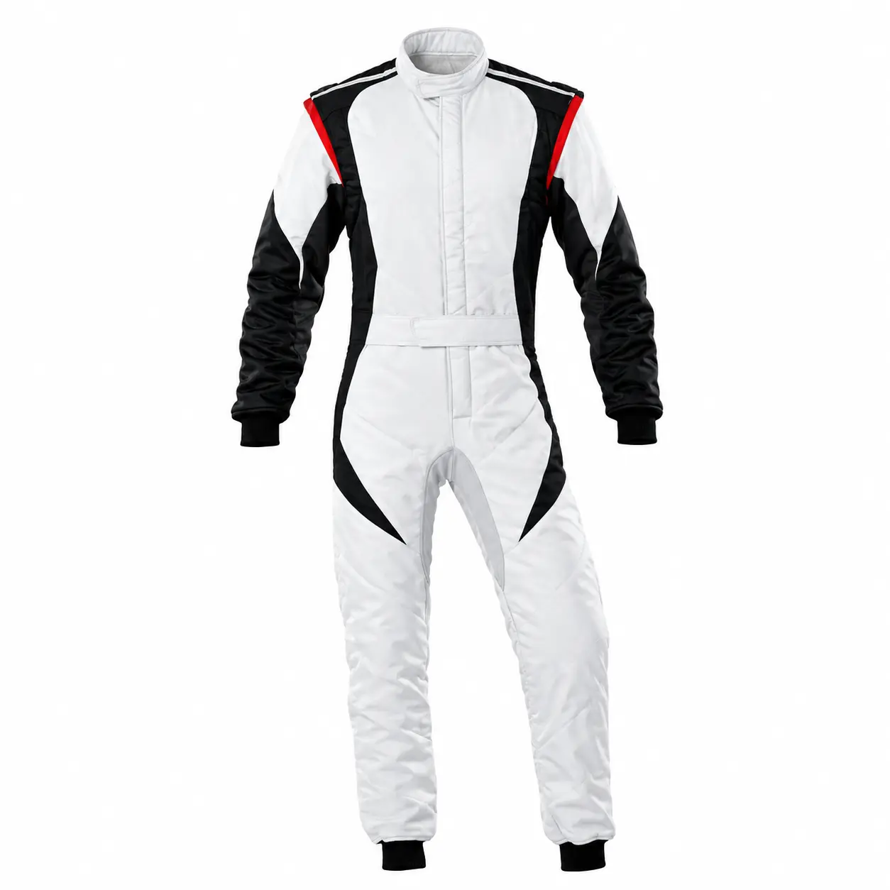 Front view of an Alpine white karting suit with black sleeves and red shoulder accents.