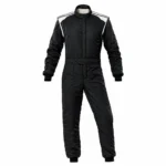 Front view of a full black karting suit with white shoulder stripes on a white background.
