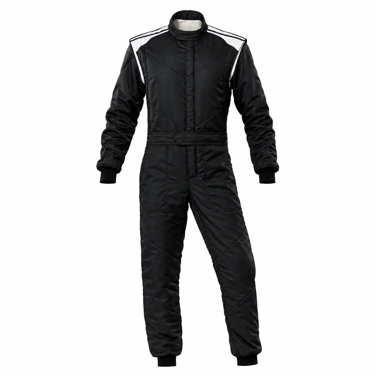 Front view of a full black karting suit with white shoulder stripes on a white background.