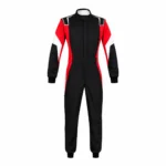 Front view of a red black karting suit with white sleeve accents on a plain white background.