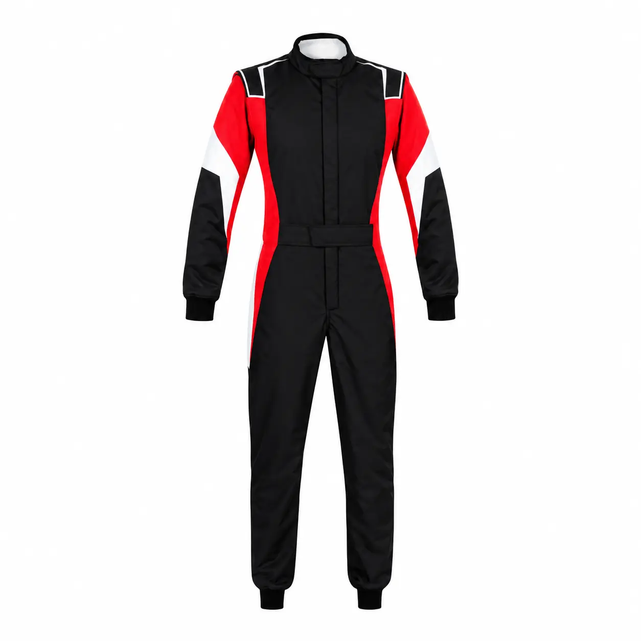 Front view of a red black karting suit with white sleeve accents on a plain white background.