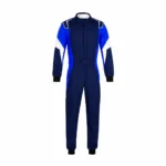 Front view of a two-tone Royal blue karting suit in navy and royal blue with white shoulder accents.