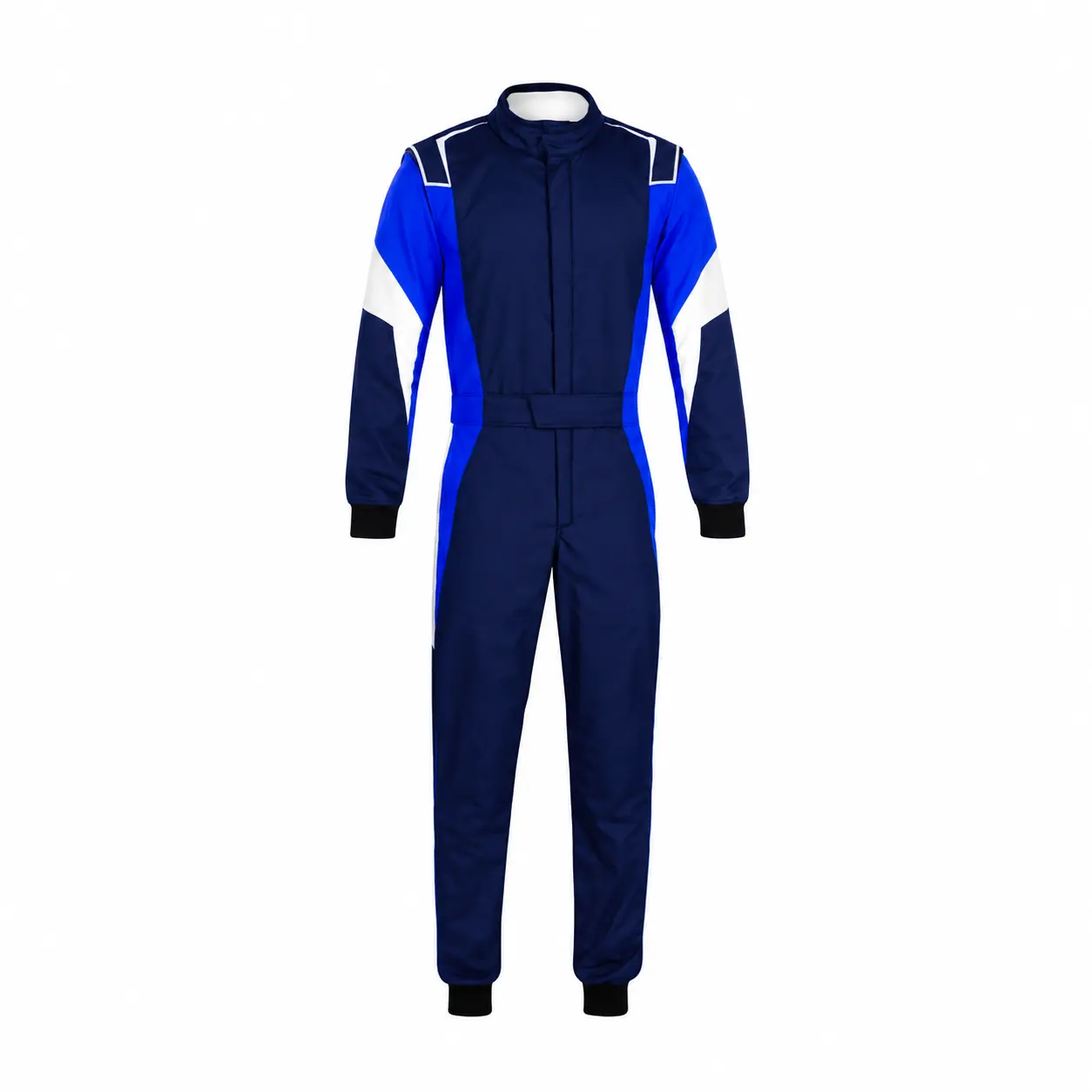 Front view of a two-tone Royal blue karting suit in navy and royal blue with white shoulder accents.