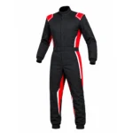 Front view of a black red karting suit with white accent side stripes on a plain background.