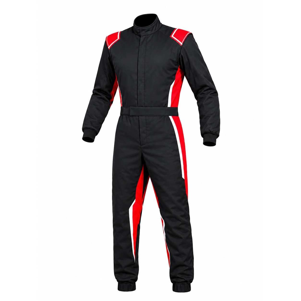 Front view of a black red karting suit with white accent side stripes on a plain background.