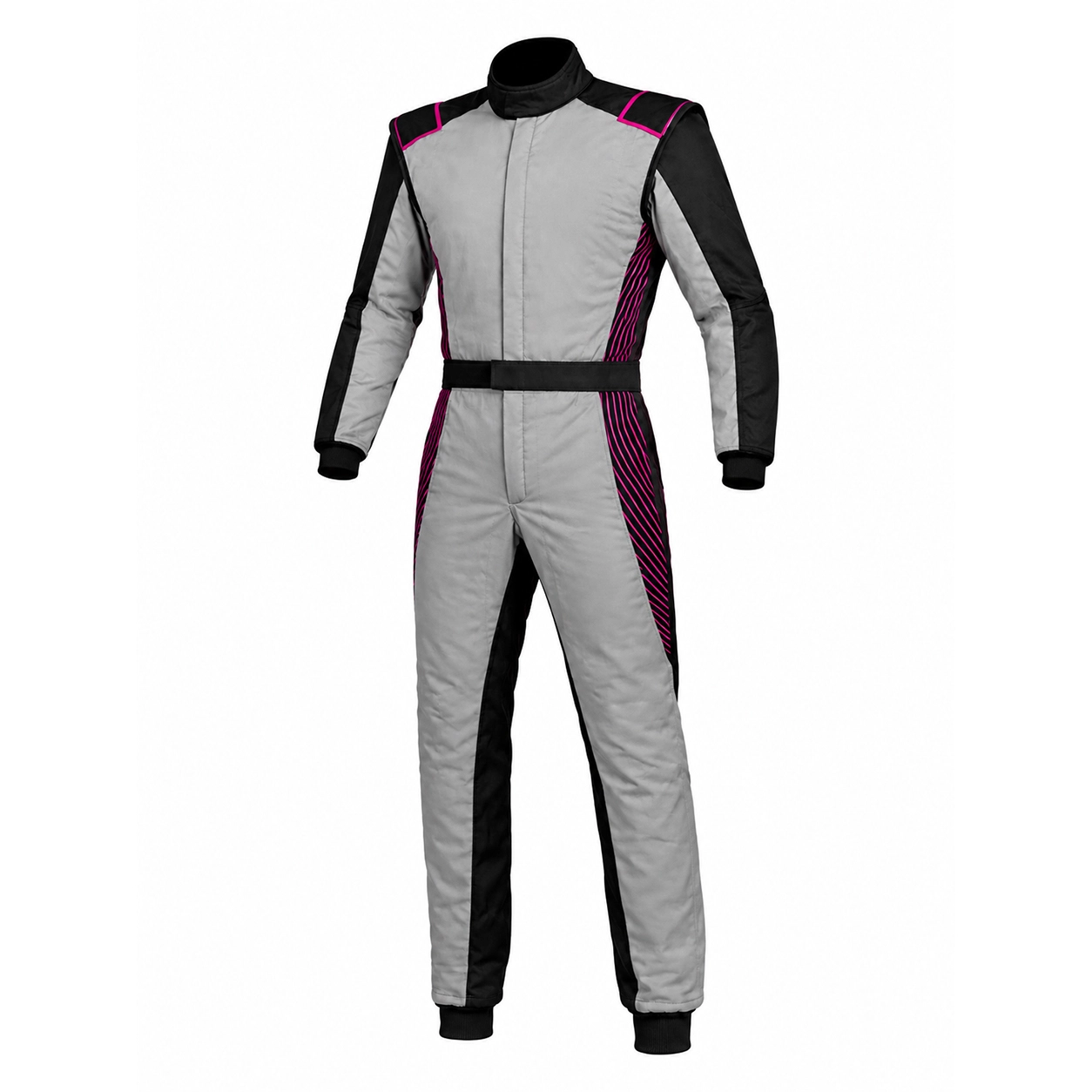Front view of a grey karting suit with black sleeves and hot pink pinstripe accents on the sides.