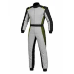 Front view of a grey karting suit with black sleeves and neon yellow pinstripe accents along the sides.