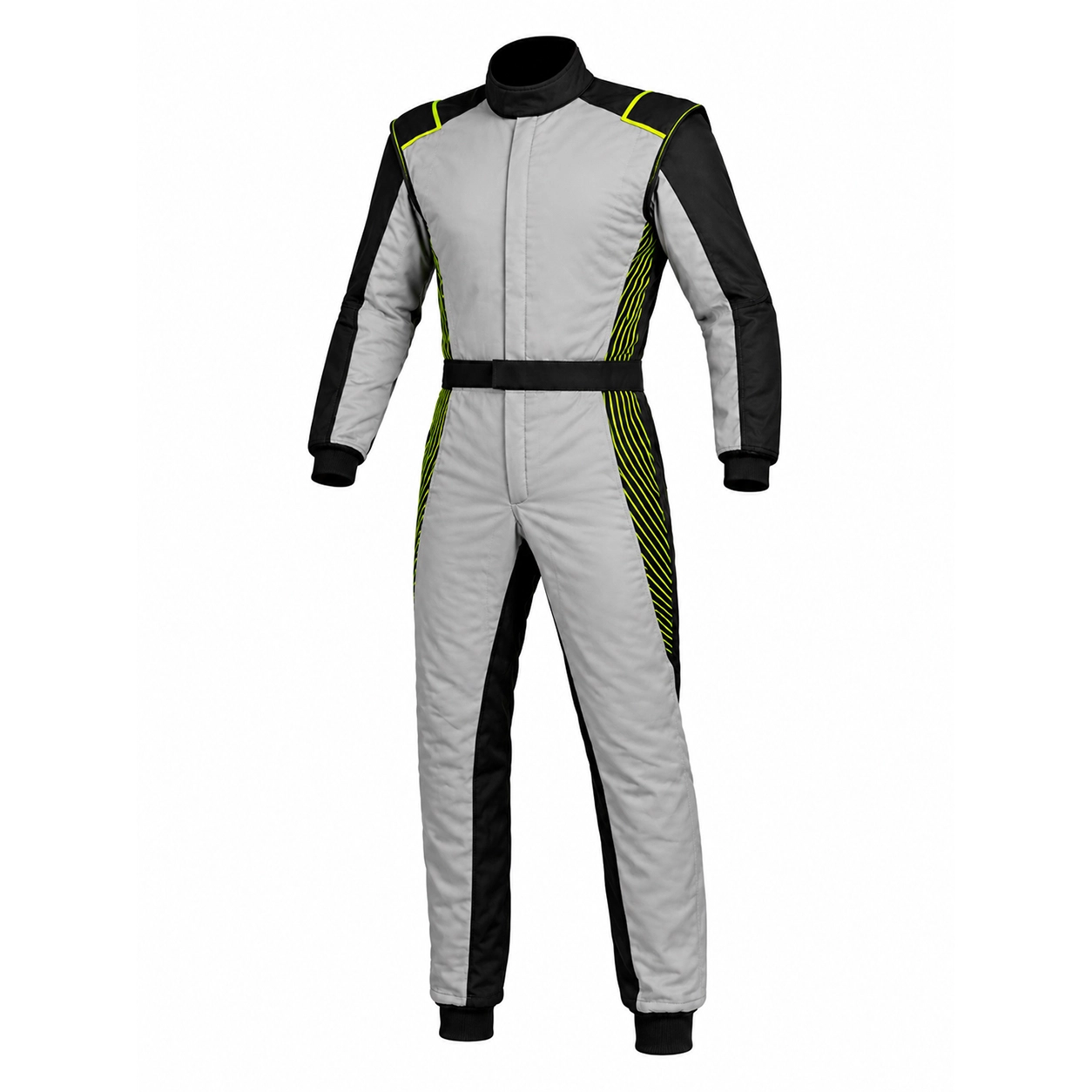 Front view of a grey karting suit with black sleeves and neon yellow pinstripe accents along the sides.